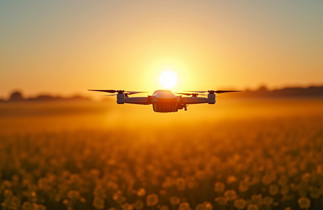 A Borealis Traction drone flying over a vibrant canola field at sunrise.