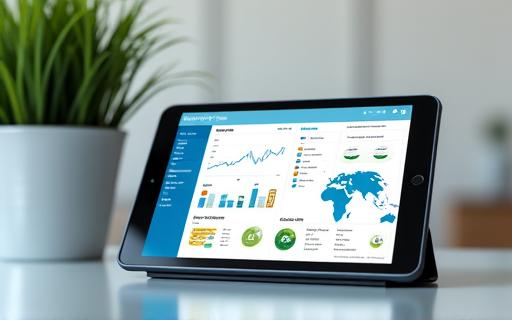 A tablet screen showing a vibrant farm data analytics dashboard.