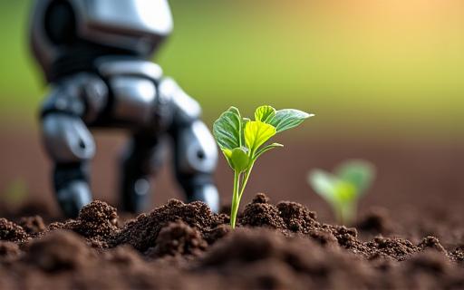 Close-up of a robotic arm planting a seed with precision.