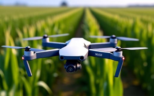 A quadcopter drone hovering above a cornfield, scanning the crops.