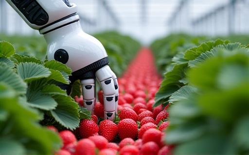 An autonomous robotic harvester carefully picking strawberries in a greenhouse.