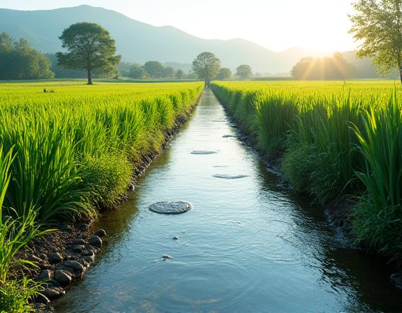 A pristine, clear stream flowing alongside a healthy green farm field, symbolizing a harmony between agriculture and nature.