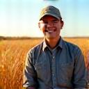 Portrait of David Chen, a farmer, standing in a wheat field.